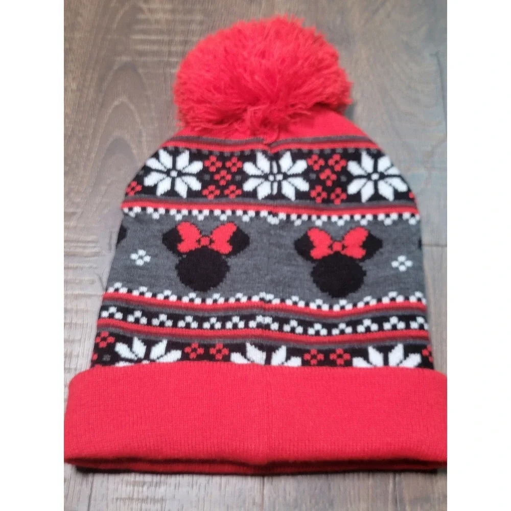 Disney Minnie Mouse Red Fair Isle‎ Knit Beanie Pom Pom Winter Hat Snowflake OSFM